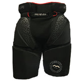 The Mercian Genesis 2 GK Shorts offer padded thigh and hip protection with a textured finish and the Mercian logo on the waistband; a circular logo is displayed on the lower right thigh. Perfect comfort and safety for goalkeepers.