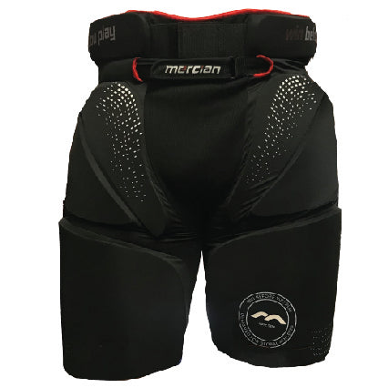 The Mercian Genesis 2 GK Shorts offer padded thigh and hip protection with a textured finish and the Mercian logo on the waistband; a circular logo is displayed on the lower right thigh. Perfect comfort and safety for goalkeepers.