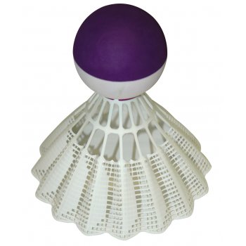 The Sure Shot Giant Shuttlecock by Sure Shot features a purple and white rounded head with a white open lattice skirt, perfect for badminton training and enhancing hand-eye coordination.