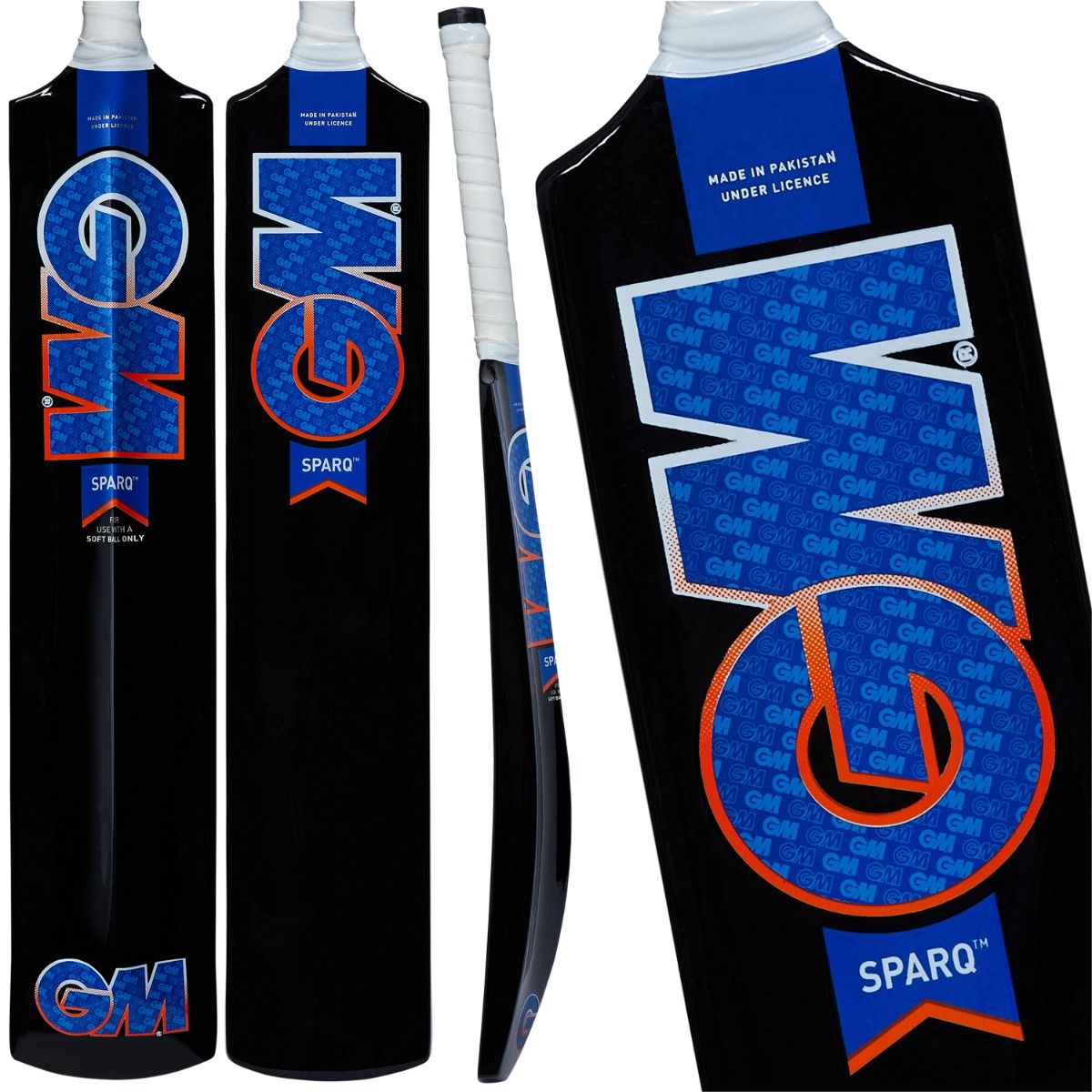 Three views of the black Gunn & Moore Sparq Soft Ball Cricket Bat with blue and orange accents, white grip, and branding. Includes lightweight design, front, back, side angles, close-up of logo and "Made in Pakistan under license" label.
