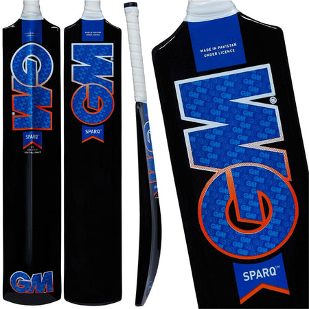 Three views of the black Gunn & Moore Sparq Soft Ball Cricket Bat with blue and orange accents, white grip, and branding. Includes lightweight design, front, back, side angles, close-up of logo and "Made in Pakistan under license" label.
