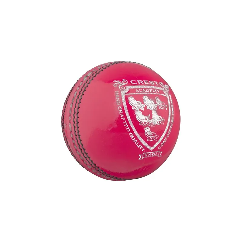 The Gray Nicolls Crest Academy Cricket Ball is a pink leather ball with visible machine-stitched seams and a white embossed crest logo featuring a shield and two lions.