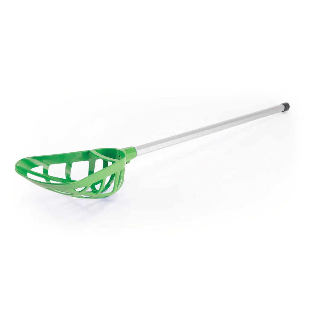 The Mastersport Pop Lacrosse Stick features a metal shaft and a green, open-grid plastic scoop, photographed on a white background. Its wide catching area is perfect for play or practice.