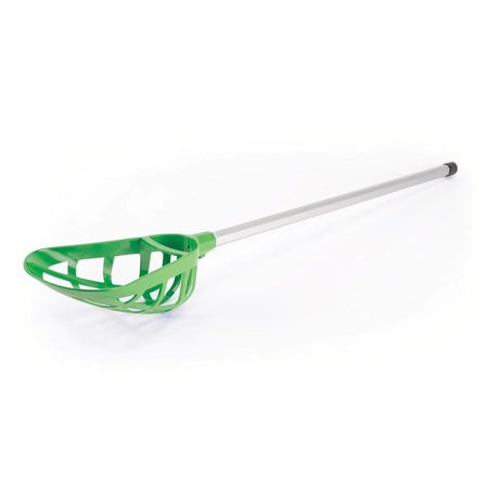 The Mastersport Pop Lacrosse Stick features a metal shaft and a green, open-grid plastic scoop, photographed on a white background. Its wide catching area is perfect for play or practice.
