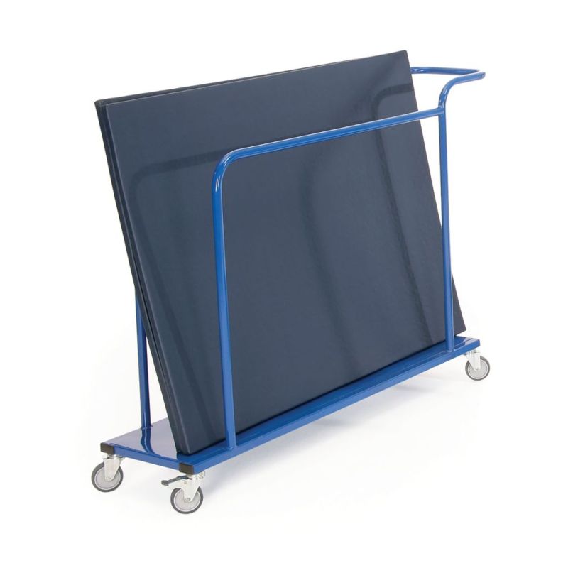The Niels Larsen Junior Vertical Mat Trolley by Niels Larsen is a blue steel storage cart with heavy duty castors, a flat base, and side rails for secure upright mat transport.