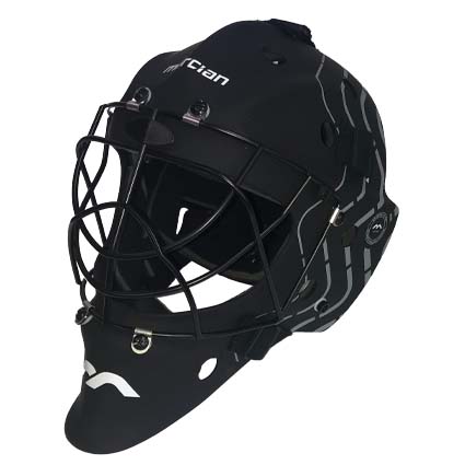 The Mercian Genesis 3 Hockey Helmet - Junior/Youth is a black helmet with a metal cage and white accents, offering youth players superior head and impact protection. Brand: Mercian.