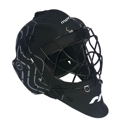 The Mercian Genesis 3 Hockey Helmet - Junior/Youth features a metal face cage, black shell with white graphic accents, and the partially visible "MER" logo on the front, providing impact protection for young hockey players.