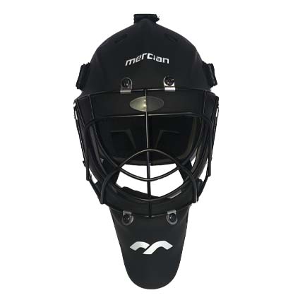 The Mercian Genesis 3 Hockey Helmet - Junior/Youth, in black, features a protective metal grill, impact-absorbing padding, and white Mercian branding on the forehead and chin, displayed against a white background.