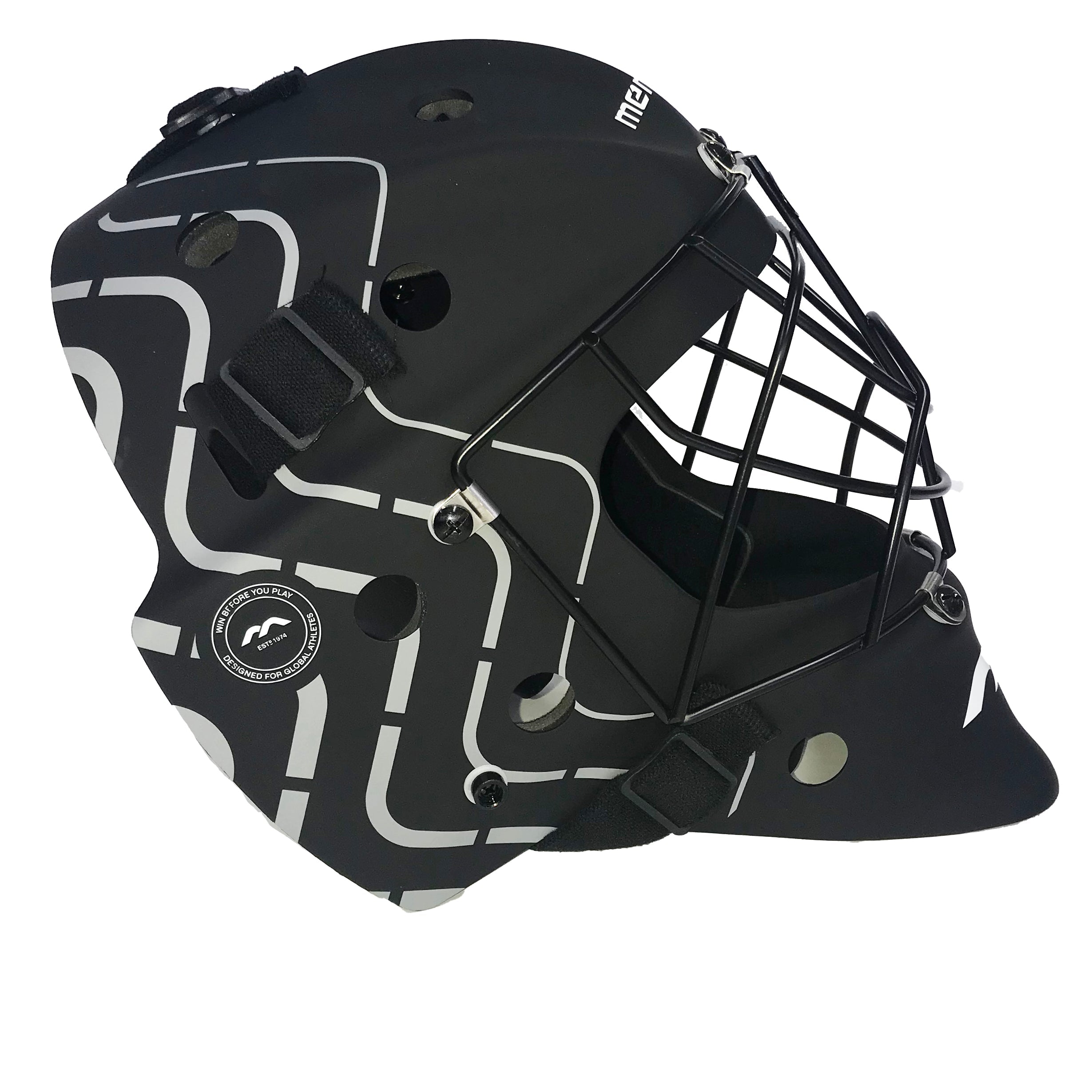 The Mercian Genesis 3 Hockey Helmet - Junior/Youth by Mercian features black coloring with white and gray geometric patterns, impact protection, a black cage face guard, and adjustable black straps.
