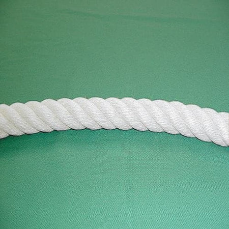 A thick, white 24mm Cricket Boundary Rope from Martin Berrill Sports lies horizontally on a smooth green surface, resembling a classic cricket boundary rope.