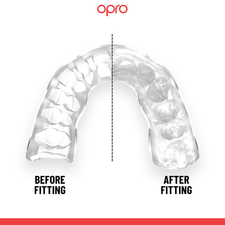 The OPRO Instant Custom Self Fit Mouthguard is shown split in two: the smooth left half labeled Before Fitting, and the right half with teeth impressions labeled After Fitting. The Opro logo appears above.