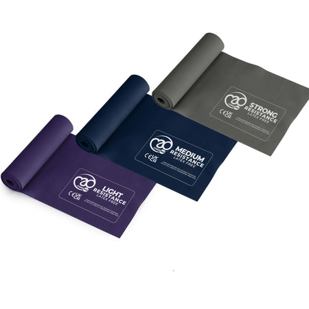 Fitness Mad Latex Free Resistance Bands by Fitness Mad come in three colors: purple (light), blue (medium), and gray (strong) resistance, ideal for a full-body workout.