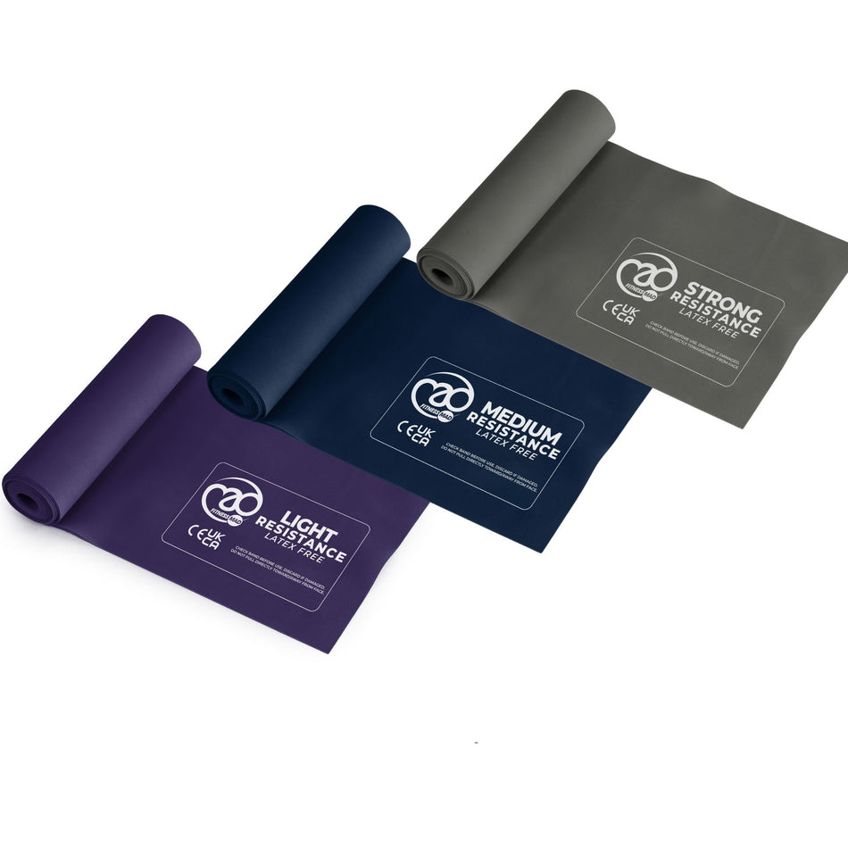 Fitness Mad Latex Free Resistance Bands by Fitness Mad come in three colors: purple (light), blue (medium), and gray (strong) resistance, ideal for a full-body workout.