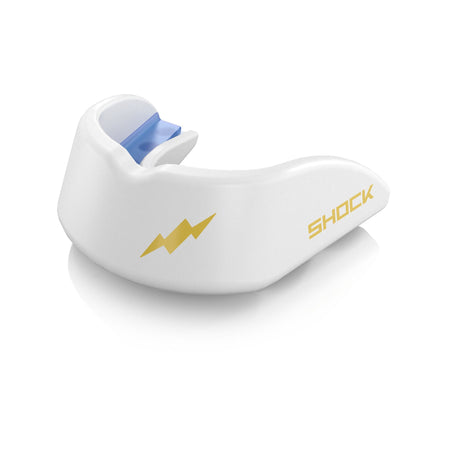 Shock Doctor Gel Strike Mouthguard in Ice White, side view with the gold lightning bolt logo
