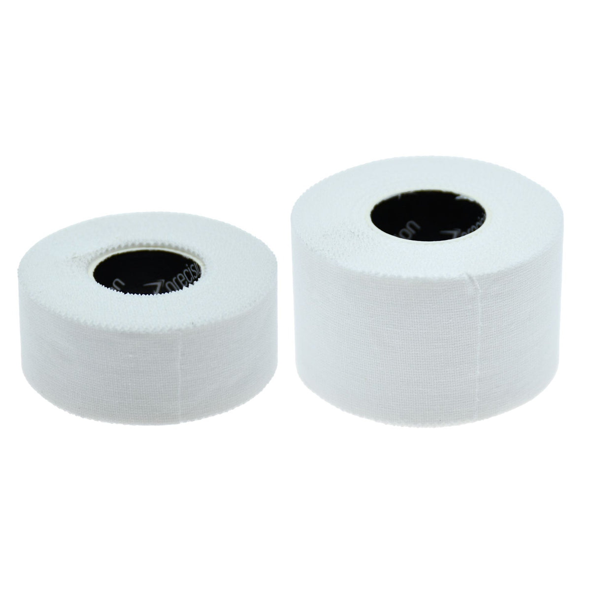 Two white rolls of Precision Zinc Oxide Euro Tape showing the 25mm and 38mm widths