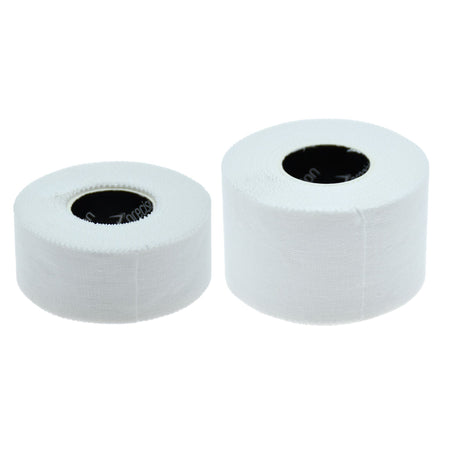 Two white rolls of Precision Zinc Oxide Euro Tape showing the 25mm and 38mm widths