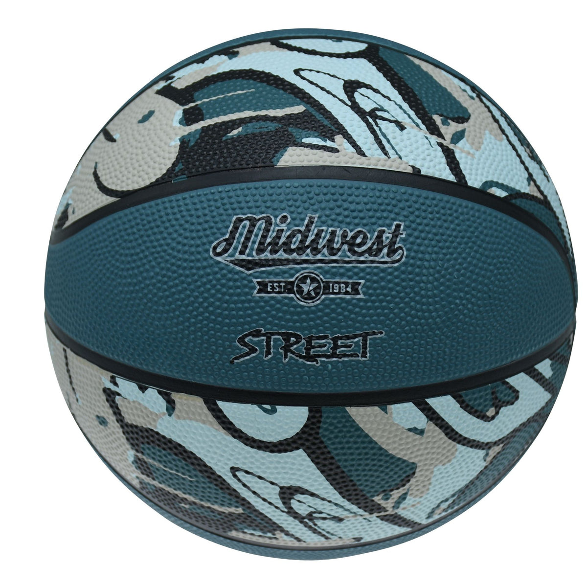 Midwest Street Basketball in Blue/Black/Grey, front view with the Midwest and Street logos