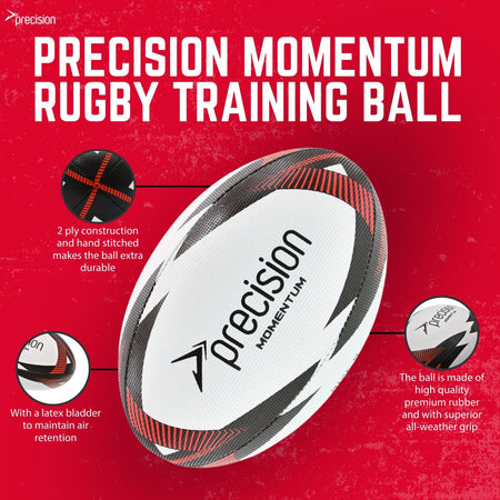 Precision Momentum Rugby Training Ball in White/Black/Red, infographic of bladder and stitching details