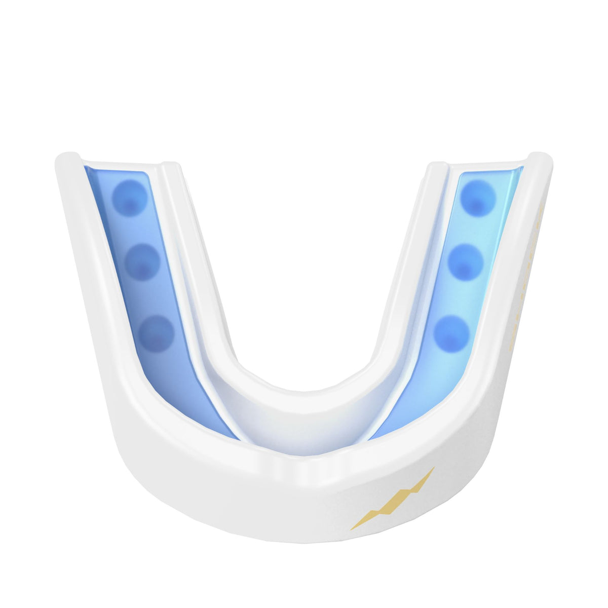 Shock Doctor Gel Strike Mouthguard in Ice White, top-down view showing the gel liner dots