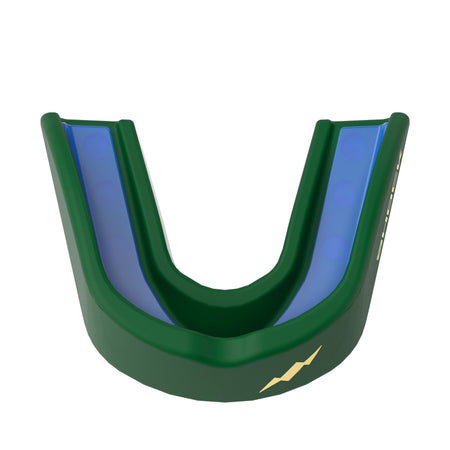 Shock Doctor Gel Strike Mouthguard in Speed Green, top-down view of the blue Gel-Fit liner