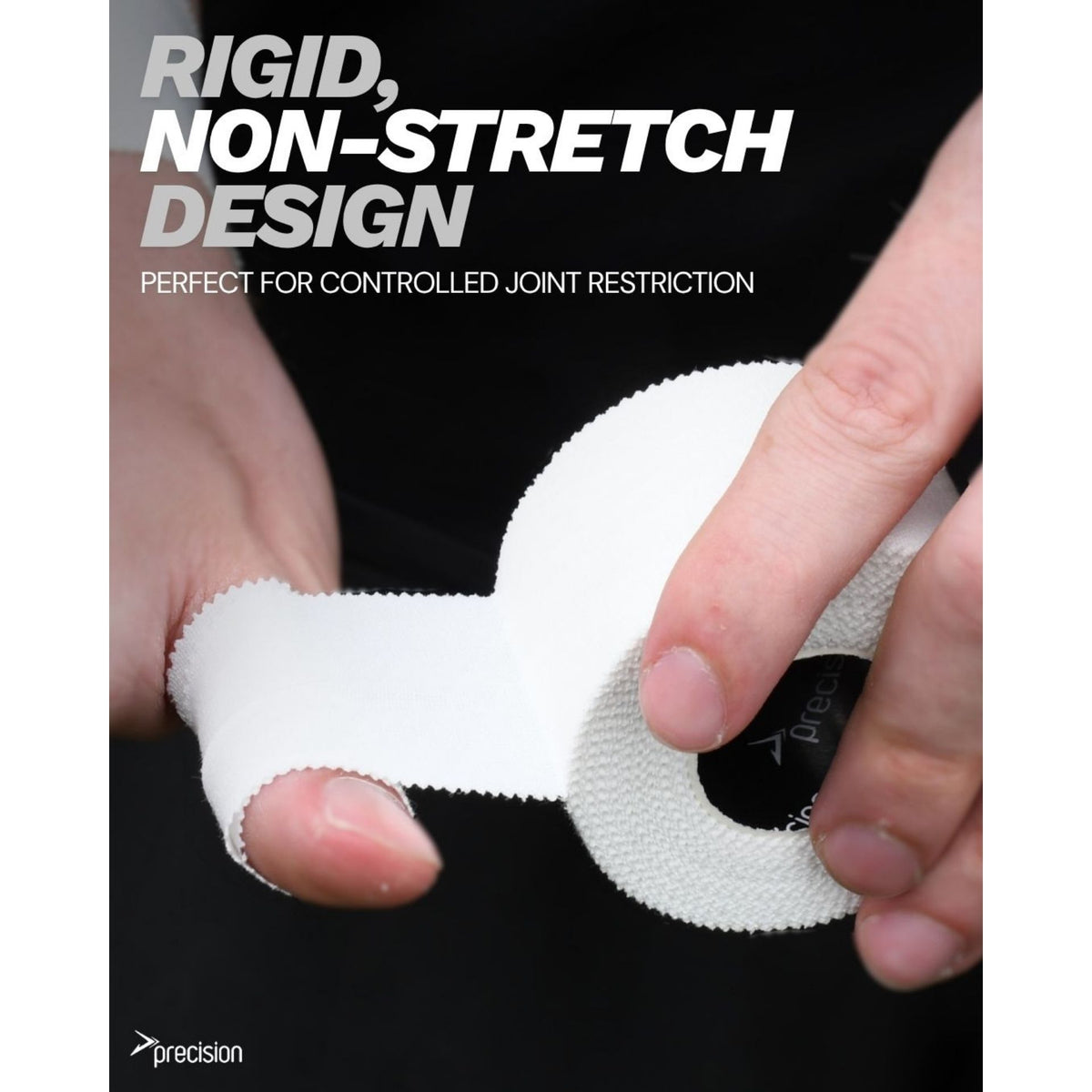 Fingers being strapped with white Precision zinc oxide tape, rigid non-stretch design graphic