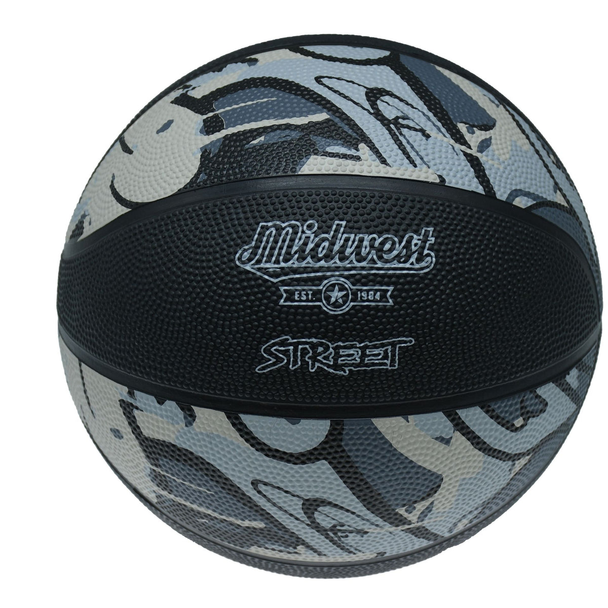 Midwest Street Basketball in Black/Grey, front view with the Midwest and Street logos