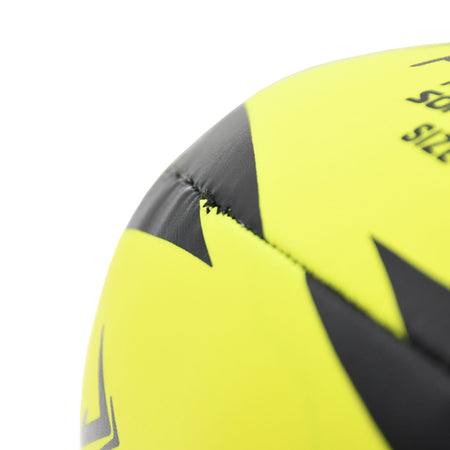 Close-up of the curved side of the yellow Soft Play Rugby Ball