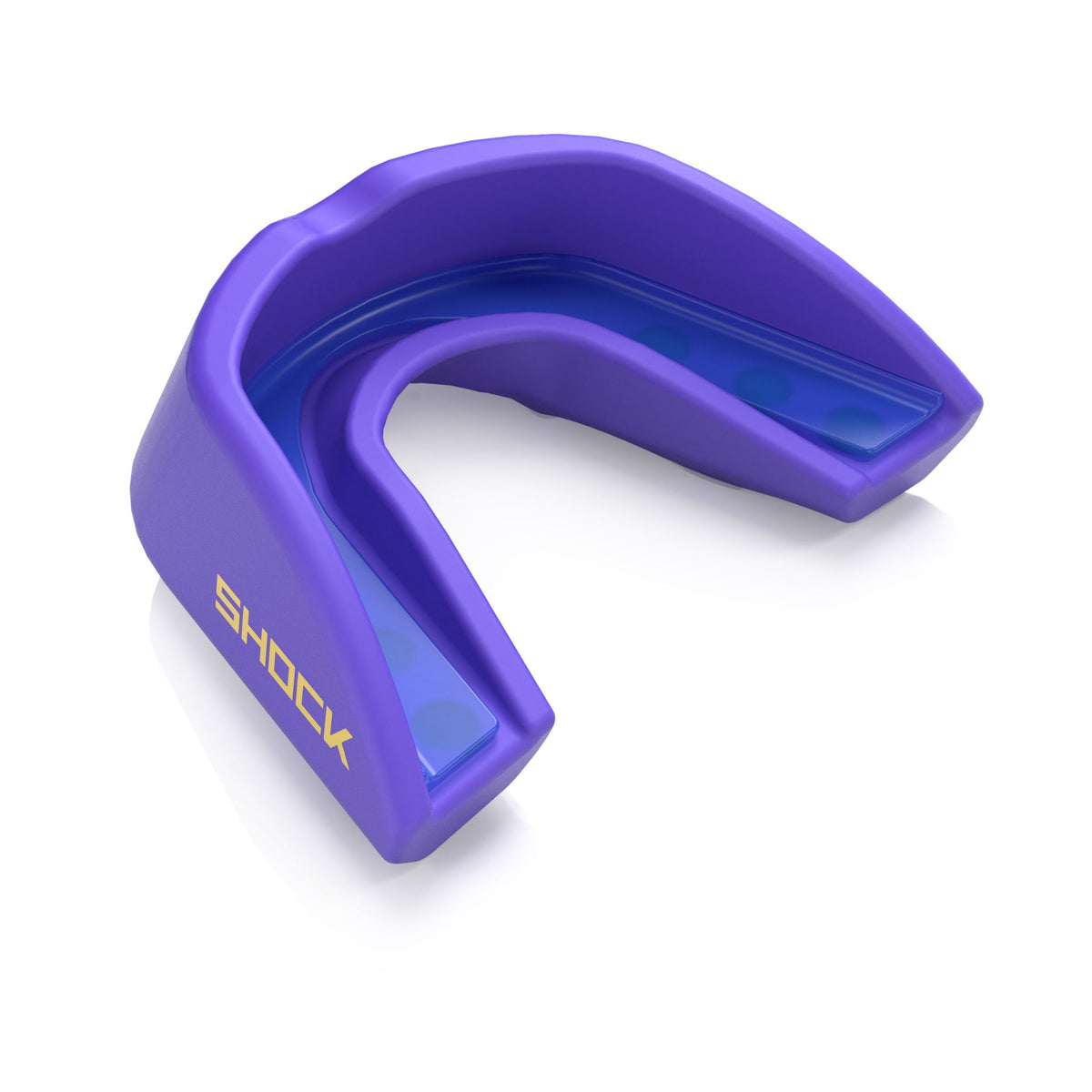 Shock Doctor Gel Strike Mouthguard in Miami Purple, angled view showing the liner and frame