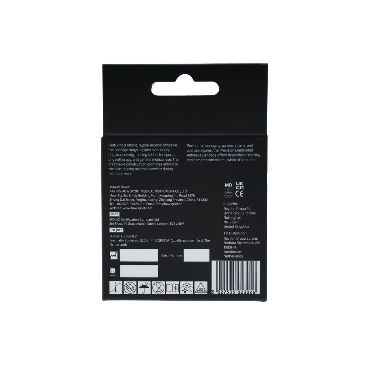 Back of the Precision Elasticated Adhesive Bandage retail box with product information