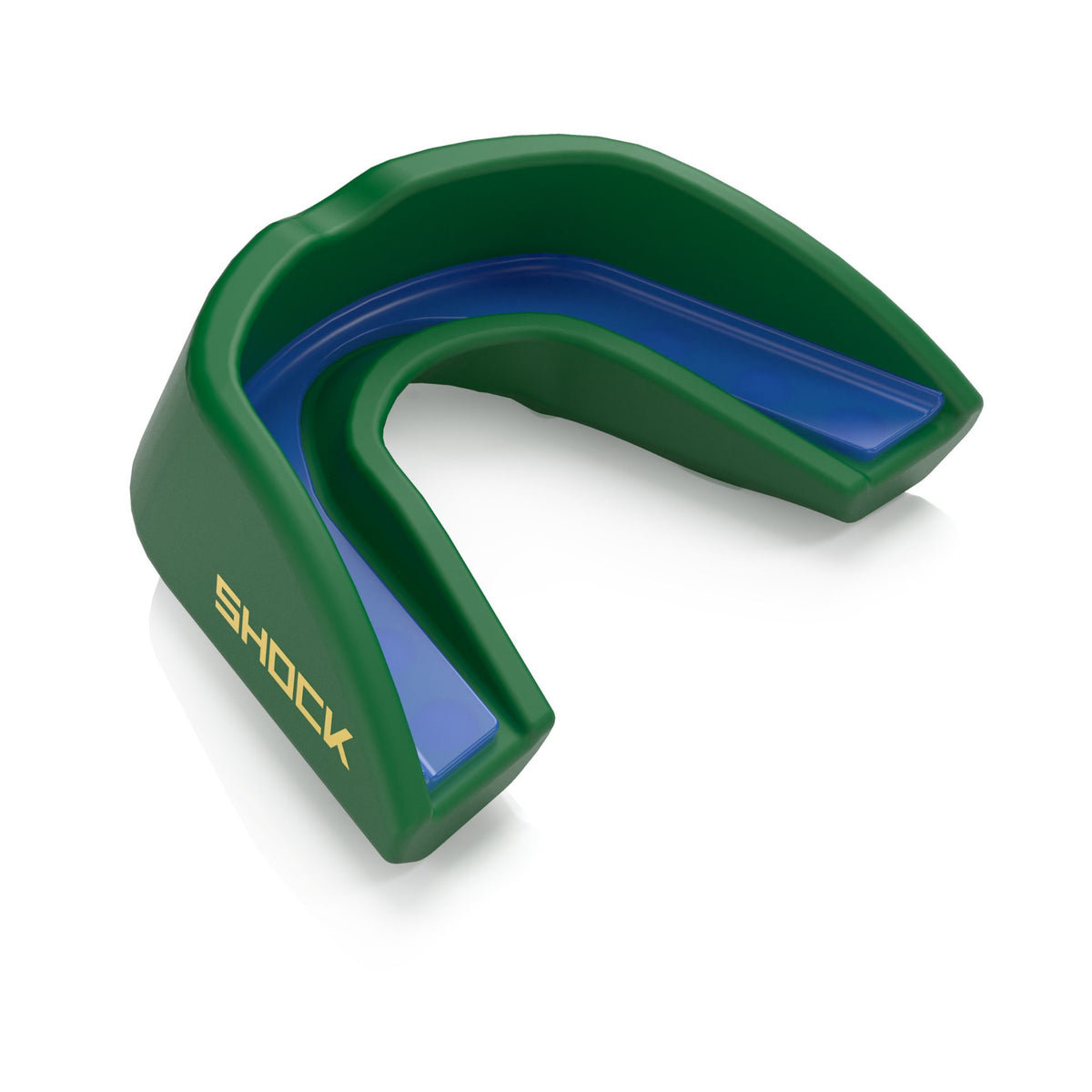 Shock Doctor Gel Strike Mouthguard in Speed Green, angled view showing the liner and frame