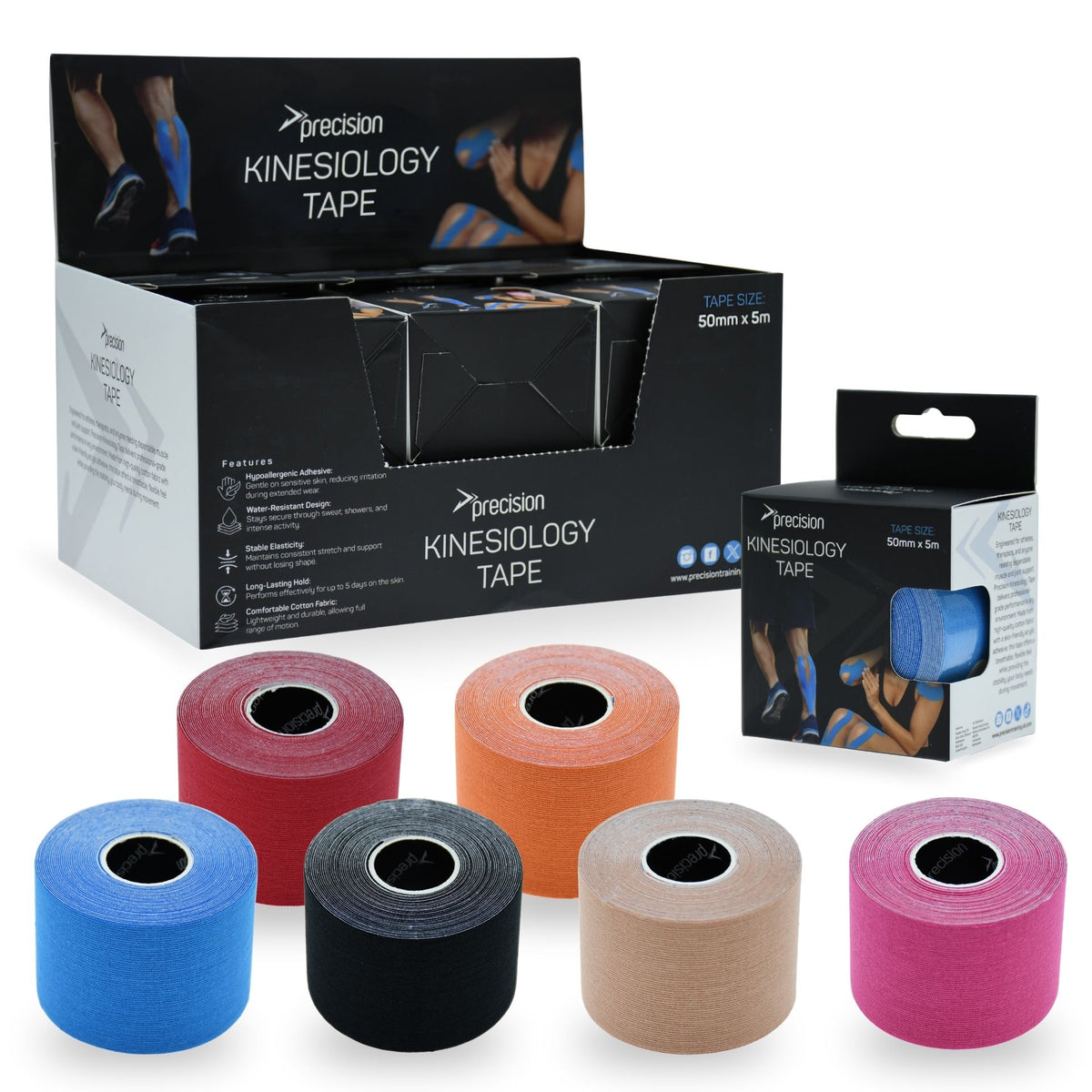 Precision Kinesiology Tape counter display with rolls in all six colours
