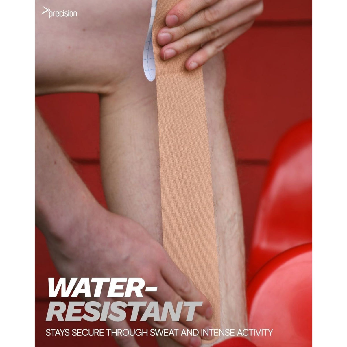 Beige Precision kinesiology tape applied to the forearm, water-resistant graphic