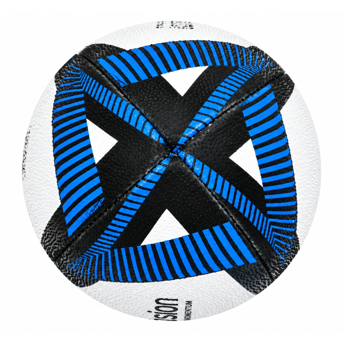 Top-down view of the Reflex Rugby Trainer Ball showing the blue and black cross-shaped panel pattern