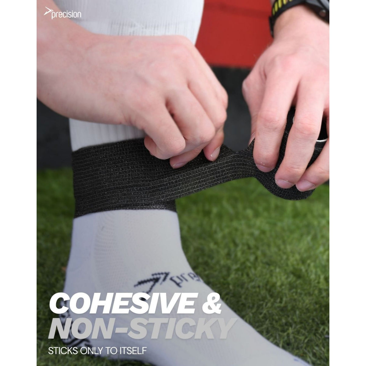 Precision cohesive sock tape on a football sock, showing its cohesive and non-stick finish