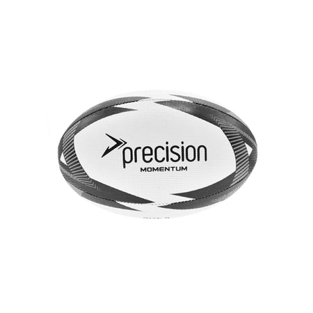 Precision Momentum Rugby Training Ball in White/Black/Grey, front view with the Precision logo