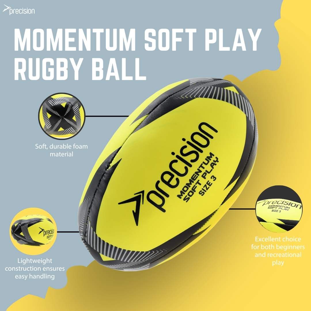 Precision Momentum Soft Play Rugby Ball infographic with close-up detail callouts
