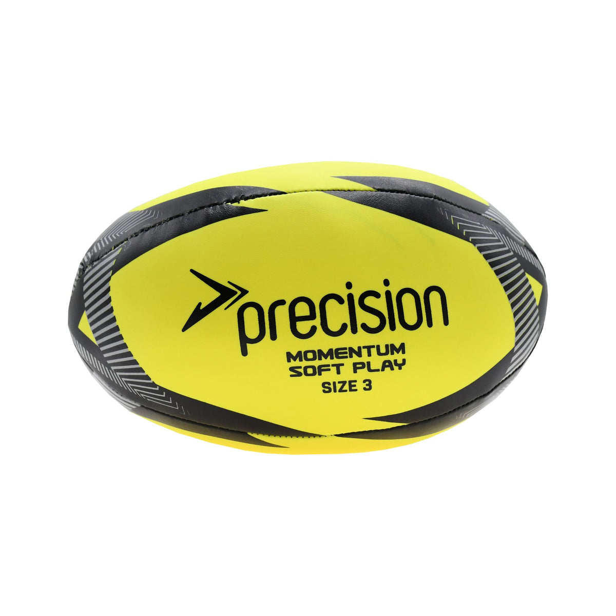 Precision Momentum Soft Play Rugby Ball in yellow and black, front view with the Precision logo