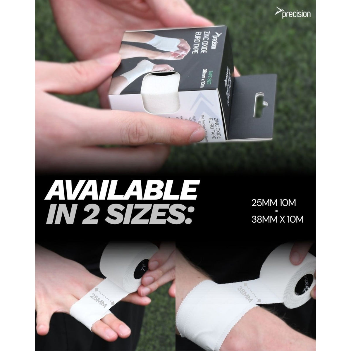 Precision Zinc Oxide Euro Tape graphic showing the tape is available in two sizes