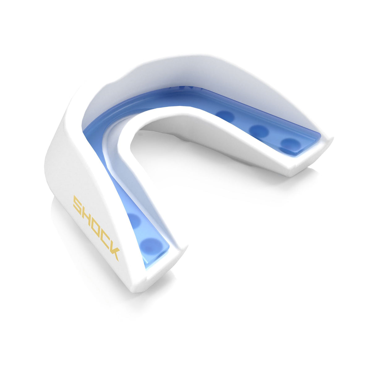 Shock Doctor Gel Strike Mouthguard in Ice White, angled view showing the liner and frame