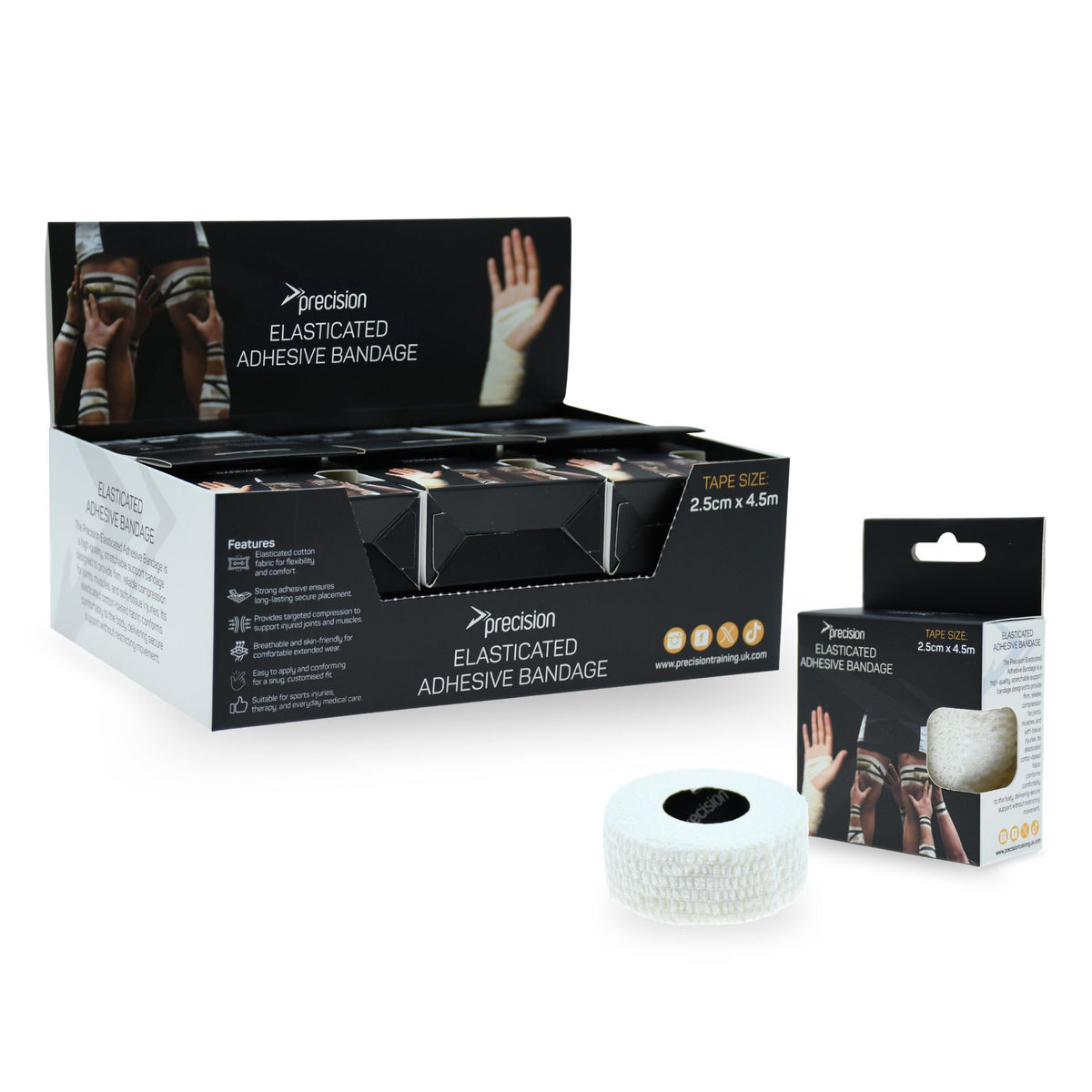 Precision Elasticated Adhesive Bandage counter display with a single retail box and roll