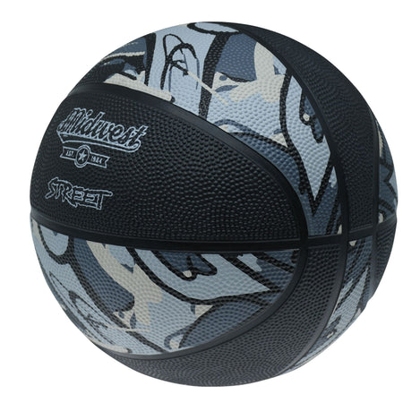 Midwest Street Basketball in Black/Grey, angled view showing the Midwest Street logo