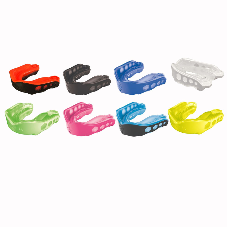 Shock Doctor Gel Max Mouthguards in eight colours, including Black, Pink, White, Fluro Green and Fluro Yellow