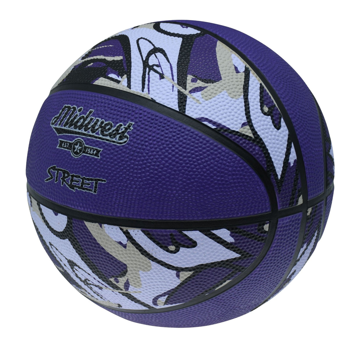 Midwest Street Basketball in Purple/Black/Grey, angled view showing the Midwest Street logo