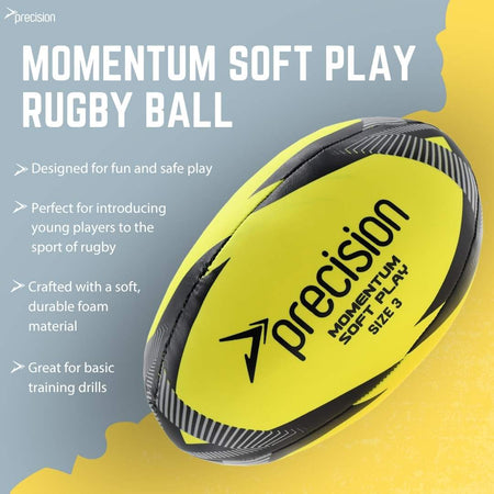 Precision Momentum Soft Play Rugby Ball product infographic with feature notes