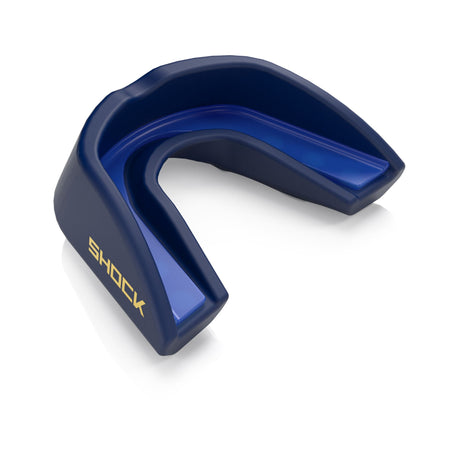 Shock Doctor Gel Strike Mouthguard in Midnight Blue, angled view showing the liner and frame