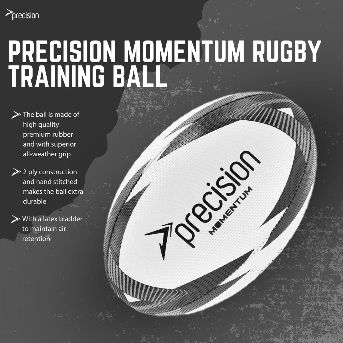 Precision Momentum Rugby Training Ball in White/Black/Grey, product infographic with feature details