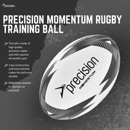 Precision Momentum Rugby Training Ball in White/Black/Grey, product infographic with feature details