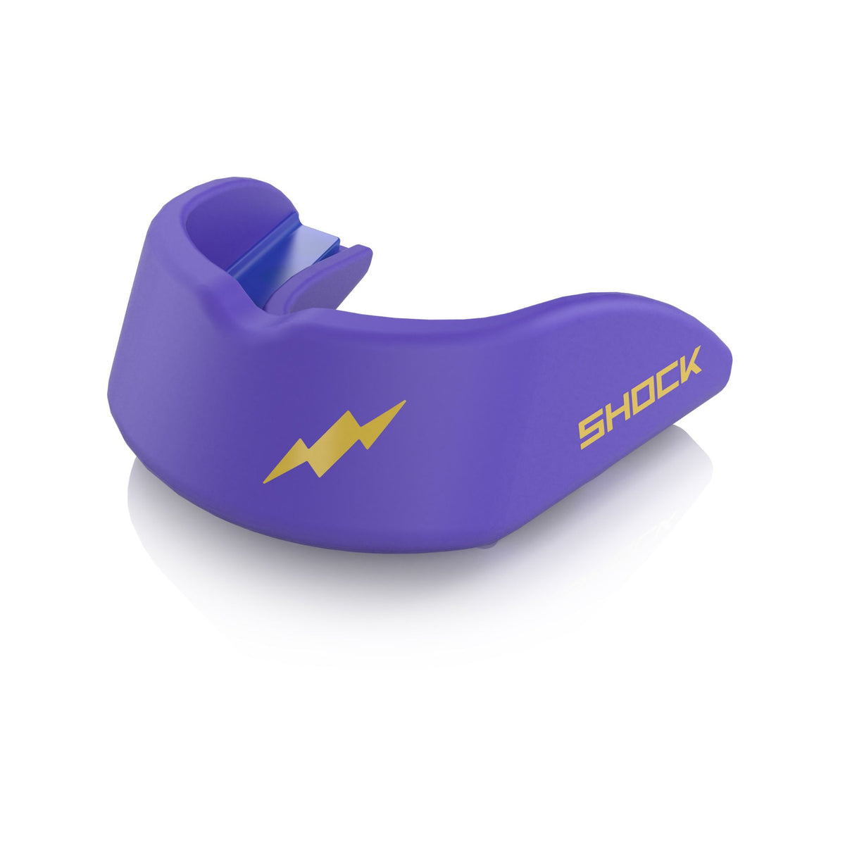Shock Doctor Gel Strike Mouthguard in Miami Purple, side view with the gold lightning bolt logo