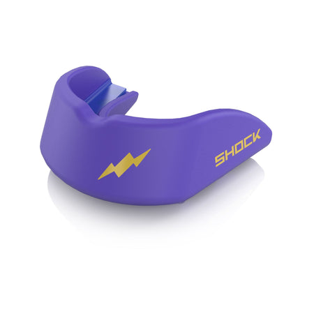 Shock Doctor Gel Strike Mouthguard in Miami Purple, side view with the gold lightning bolt logo