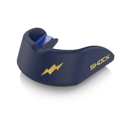 Shock Doctor Gel Strike Mouthguard in Midnight Blue, side view with the gold lightning bolt logo